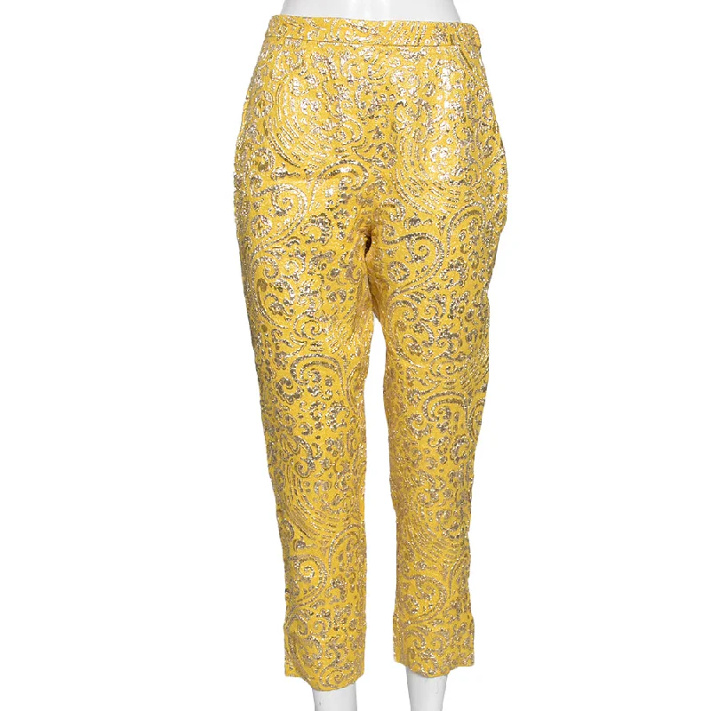 women's affordable pantsDolce & Gabbana Yellow Lurex Floral Jacquard Cropped Pant