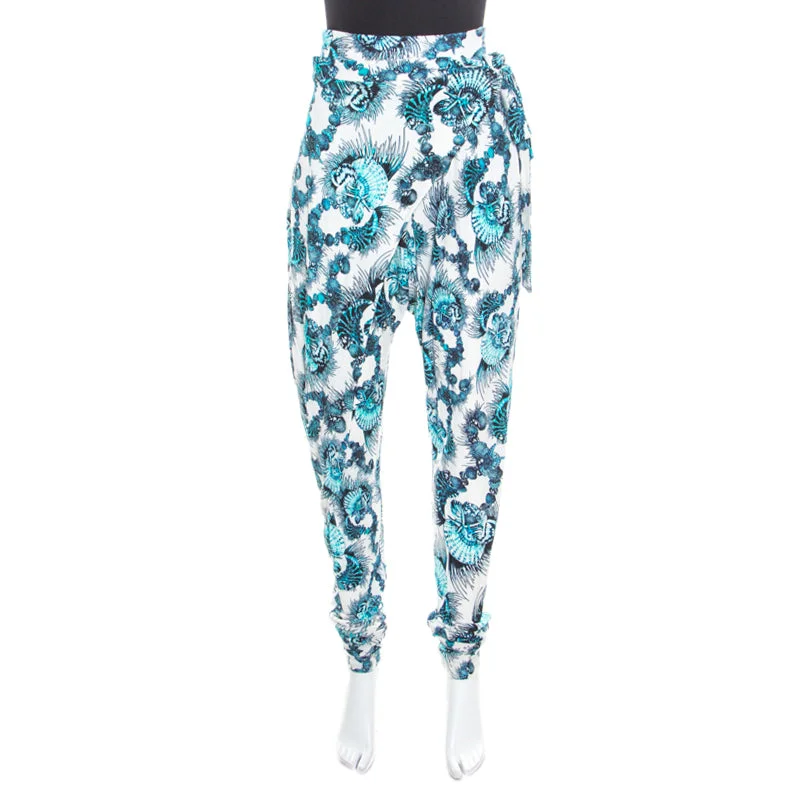 women's straight-leg pantsJust Cavalli White And Blue Shell Printed Draped Tie Detail Pants