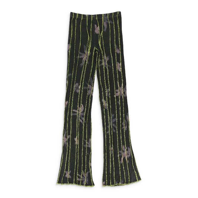 women's elegant pantsANENOME PRINT 3D STRIPE BLACK GREEN STRAIGHT PANTS