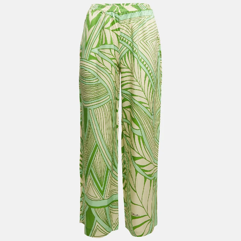 women's wedding pantsJust Cavalli Green Printed Silk Wide-Leg Pants