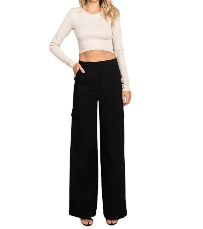 women's elastic waist pantsTwill Wide Leg Flap Pocket Pants In Black