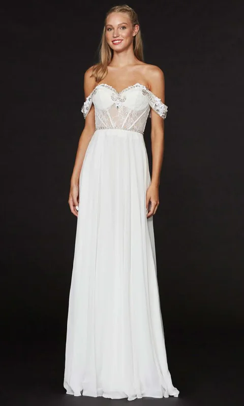 Formal Dress for Formal Day EventsAngela & Alison - 91012SC Bejeweled Off Shoulder A-Line Gown