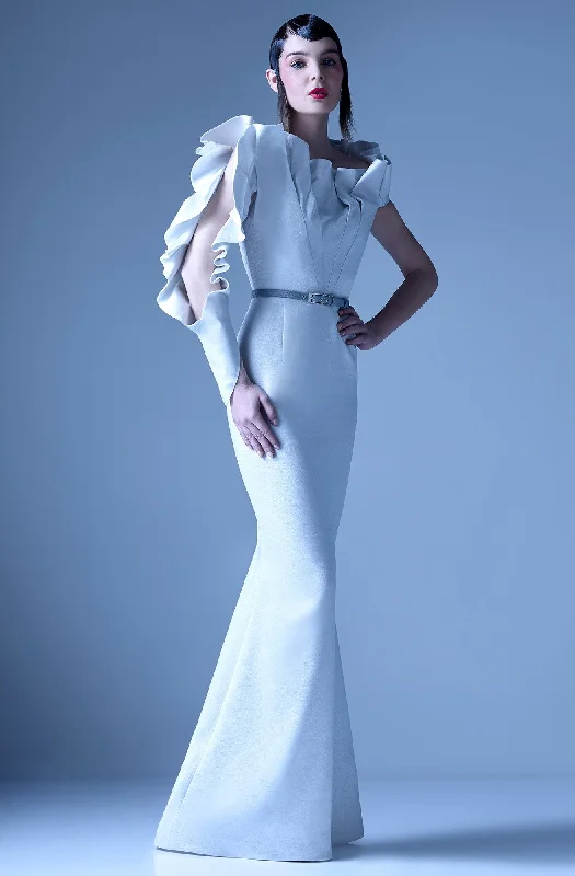 Formal Dress for Civil CeremoniesMNM Couture - Asymmetric Ruffled Sleeve Long Gown G0934