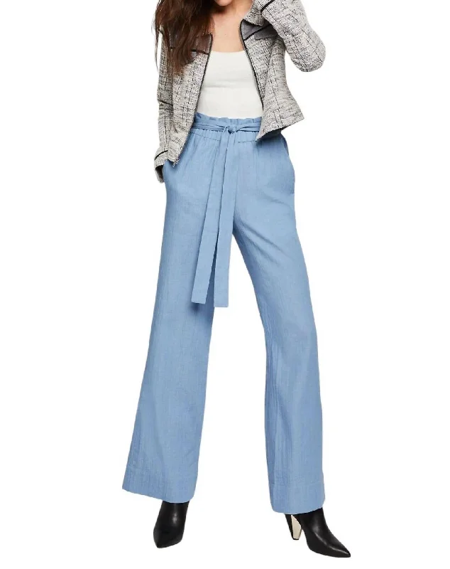 women's skinny pantsWoven Textured Paper Bag Denim Trousers In Blue