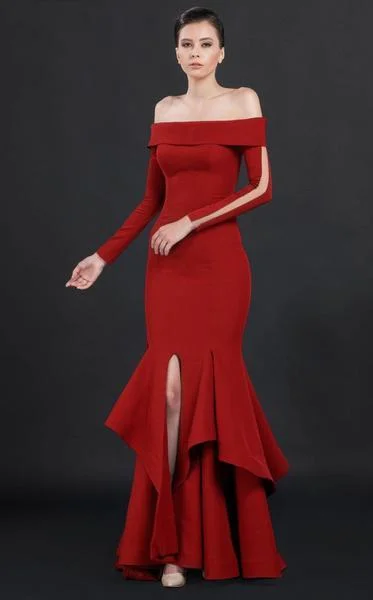 Formal Dress for Golden GlobesMNM COUTURE - N0043SC Long Sleeve Off-Shoulder Ruffled Trumpet Gown