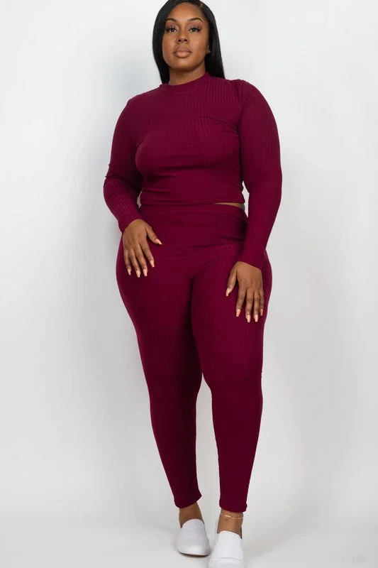 Hi Curvy Plus Ribbed Mock Neck Long Sleeve Top & Leggings Set