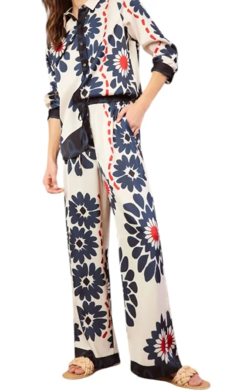 women's dress pantsFloral Print Elastic Waist Pant In Ivory Navy