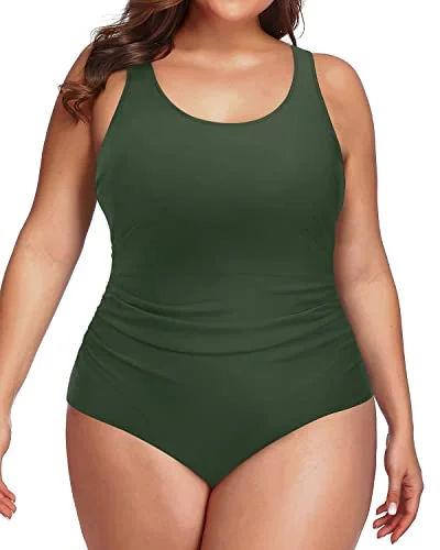 Modest Ruched Full Coverage Backless Plus Size Swimsuit-Army Green