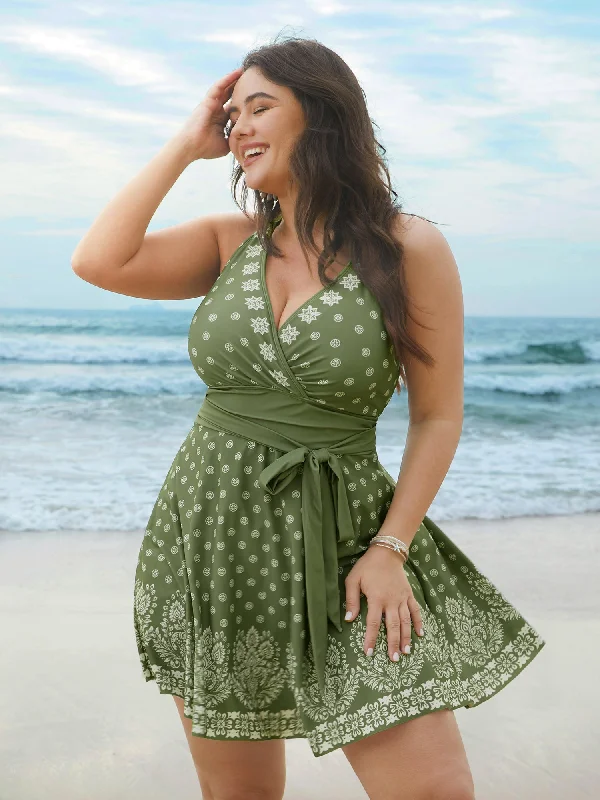 Boho Print Waist-Tie Surplice Neck Swim Dress