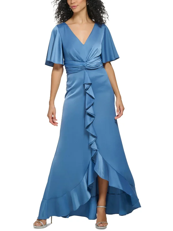 asymmetrical party dressesWomens Satin Flutter Sleeves Evening Dress