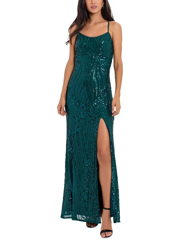 flutter-sleeve party dressesWomens Sequined Split Hem Evening Dress