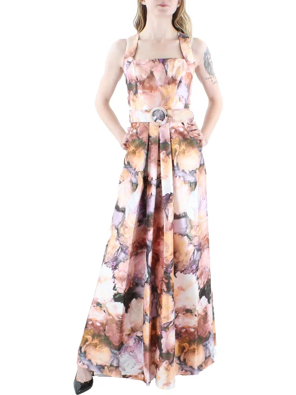 flowy party dressesWomens Floral Pleated Evening Dress