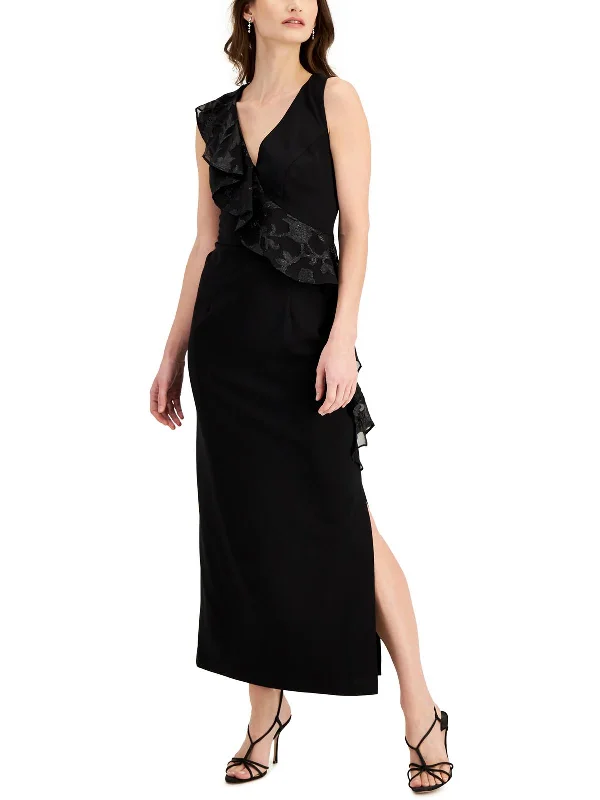 illusion-sleeve party dressesWomens Ruffle Split Hem Evening Dress