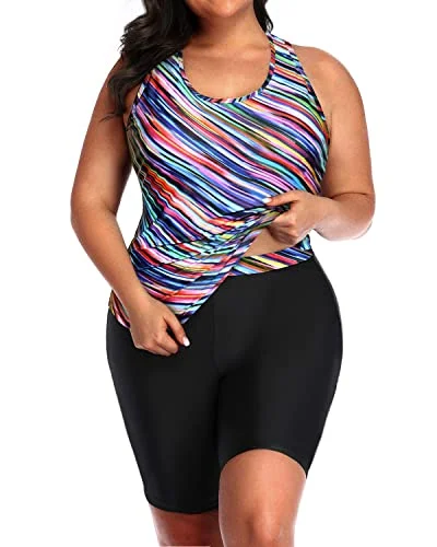 Women's Plus Size Racerback Swimsuit Boyshort For Tummy Control-Color Oblique Stripe