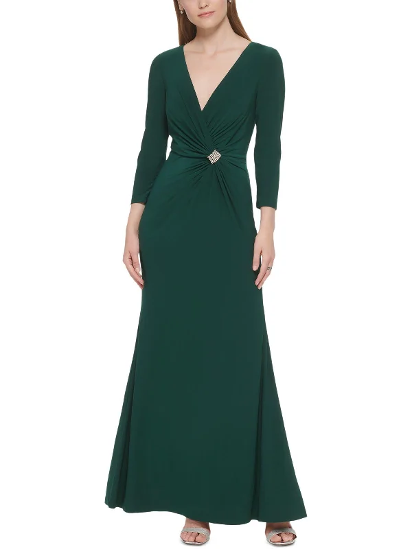 flutter-sleeve party dressesWomens Gathered V Neck Evening Dress