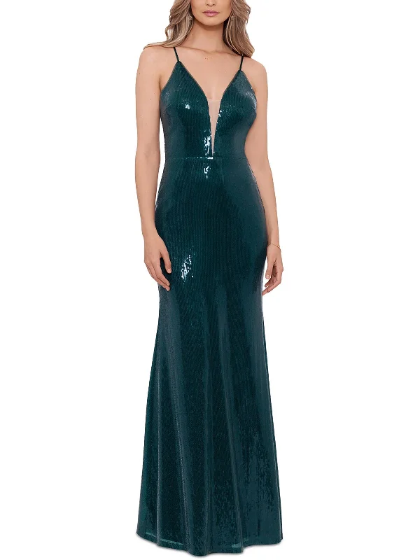 long party dressesWomens Sequined Plunge Neckline Evening Dress