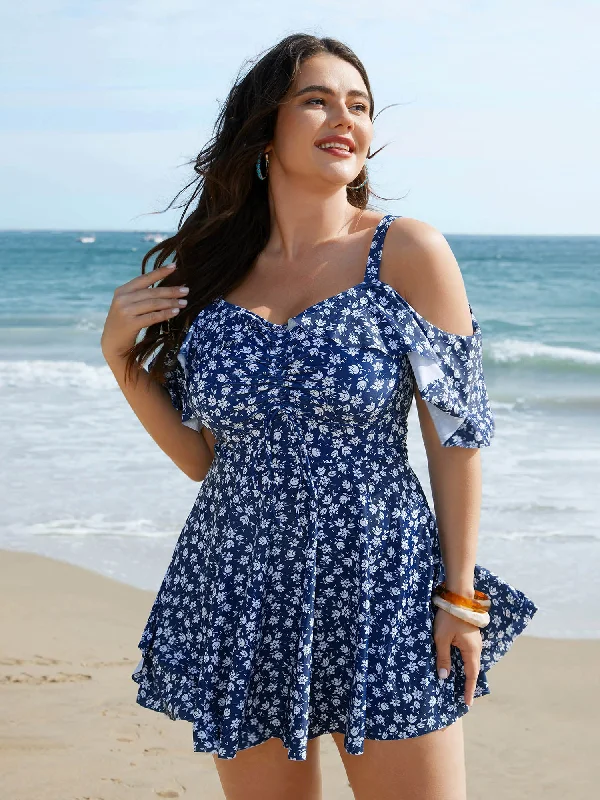 Off-Shoulder Ruched Drawstring Swim Dress