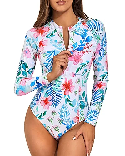 Long Sleeve Rash Guard One Piece Bathing Suit For Women Built-In Bra-White Floral