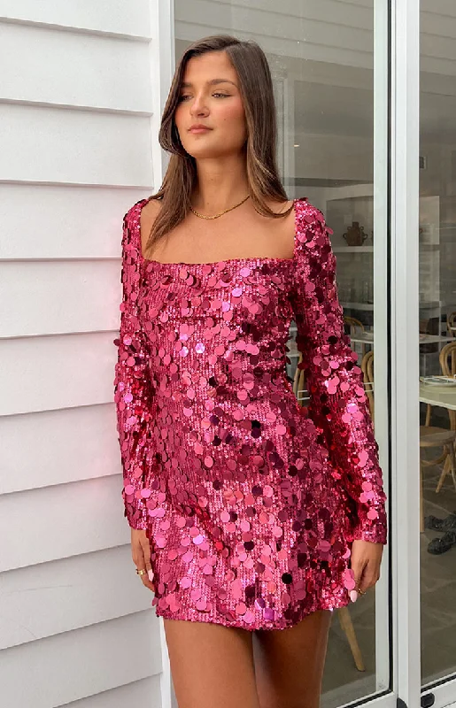 cheap floral print Mimi dressesMarienne Pink Sequin Long Sleeve Mini Dress