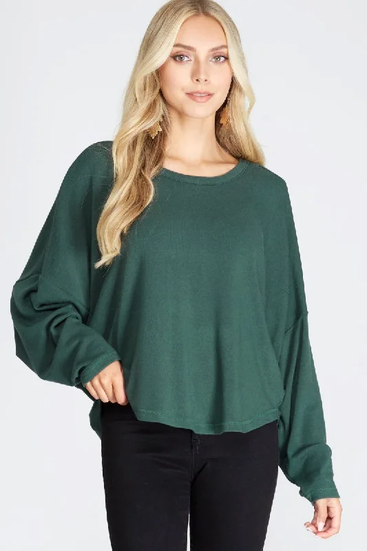 SEA GREEN BATWING LONG SLEEVES BACK NECK STRAP DETAIL KNIT TOP S8SS7759