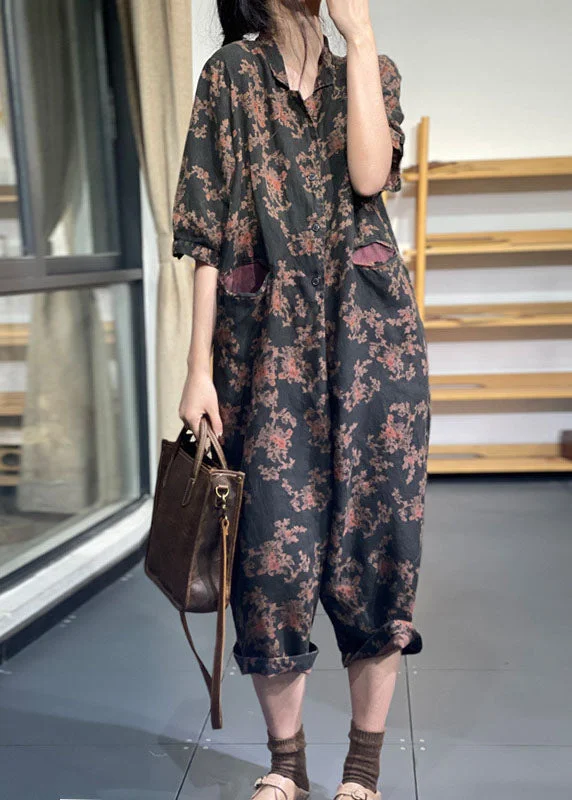 women's jumpsuits for pear-shaped bodiesStyle Black Oversized Print Linen Overalls Jumpsuit Half Sleeve