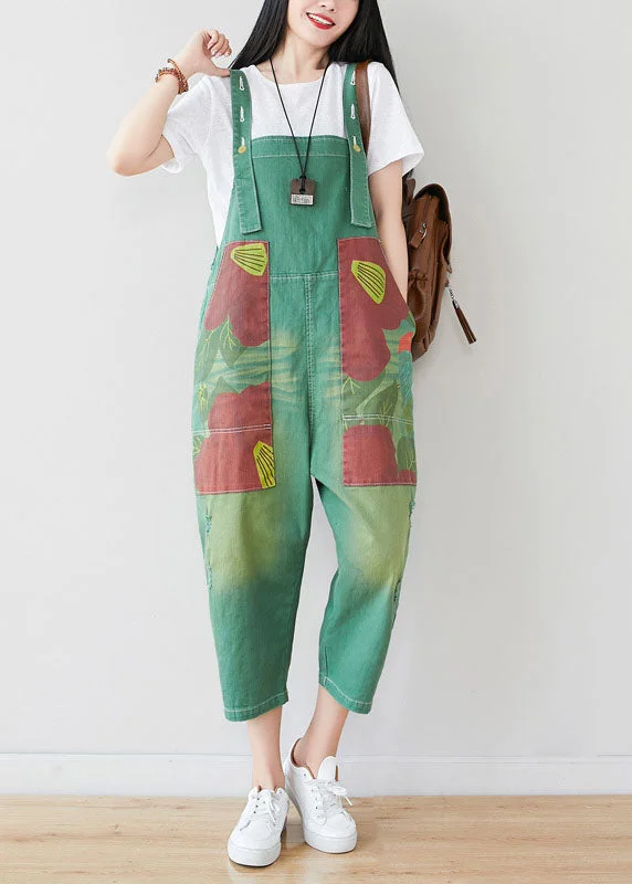 women's jumpsuits for loungingBoutique Green Pockets Patchwork Print Denim Jumpsuits Pants Spring