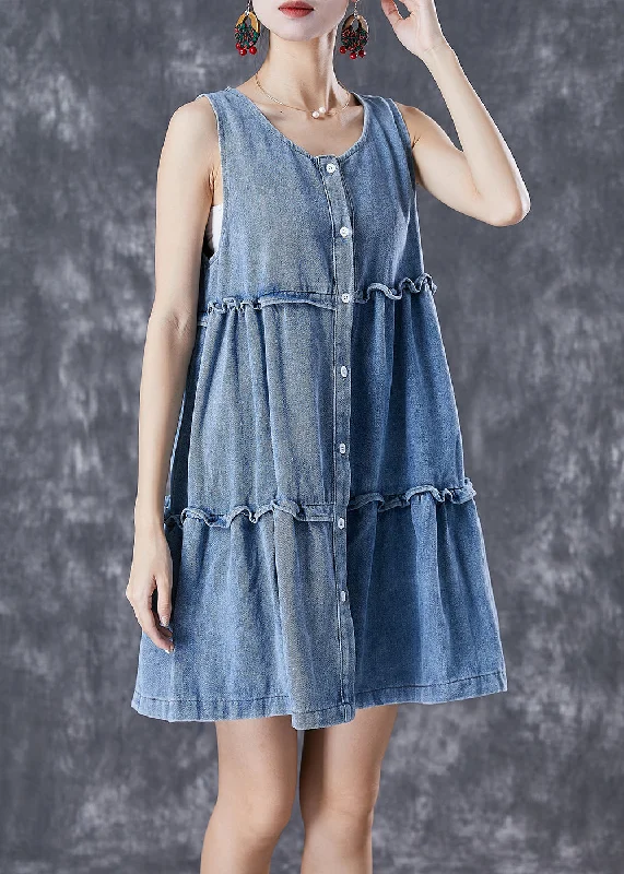 women's Mimi dresses with adjustable strapsBohemian Light Blue Ruffled Patchwork Denim Mini Dresses Sleeveless