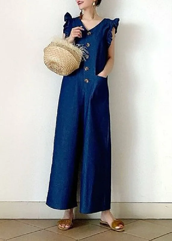 women's jumpsuits for formal eventsStylish Denim Blue V Neck Cotton Jumpsuit Wide Leg Pants Butterfly Sleeve