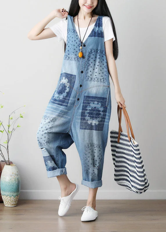 women's jumpsuits for runningNew Blue Patchwork Print Denim Jumpsuit Pants Sleeveless