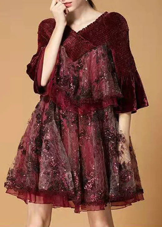 formal red Mimi dresses for galasPlus Size Mulberry Sequins Tulle Embroideried Velour Mini Dress Winter