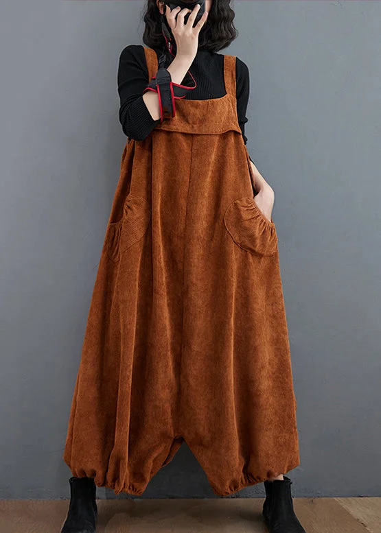 women's jumpsuits for casual gatheringsLoose Coffee Pockets High Waist Patchwork Corduroy Jumpsuits Fall