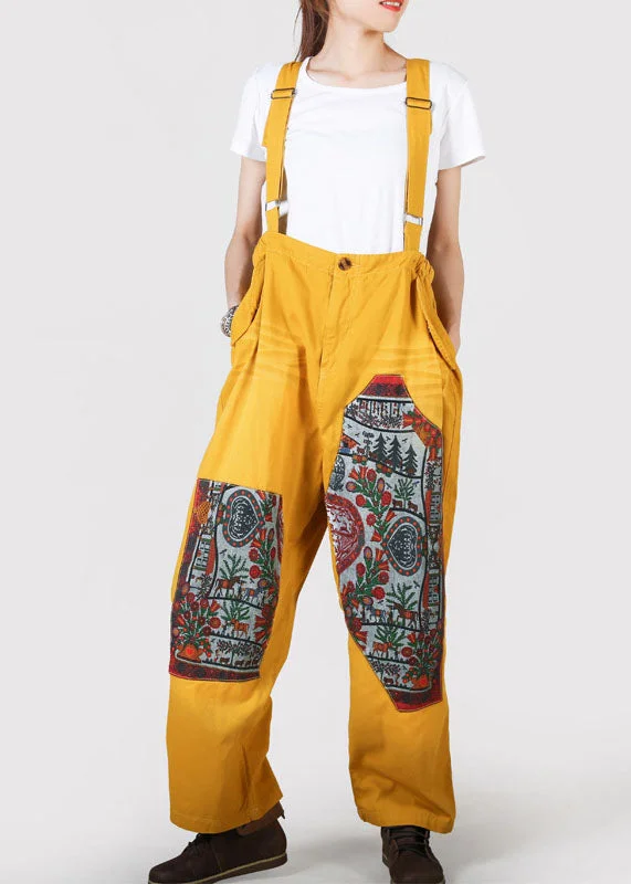 women's jumpsuits for travelYellow Pockets Patchwork Print Denim Jumpsuit Pants Summer