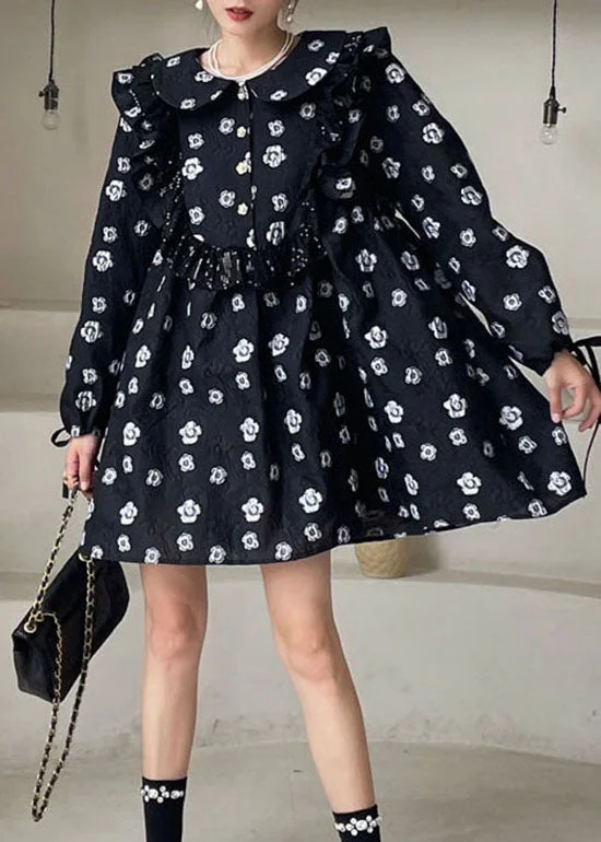 printed summer Mimi dresses with short hemsPlus Size Black Print Floral Ruffled Mini Dress Spring