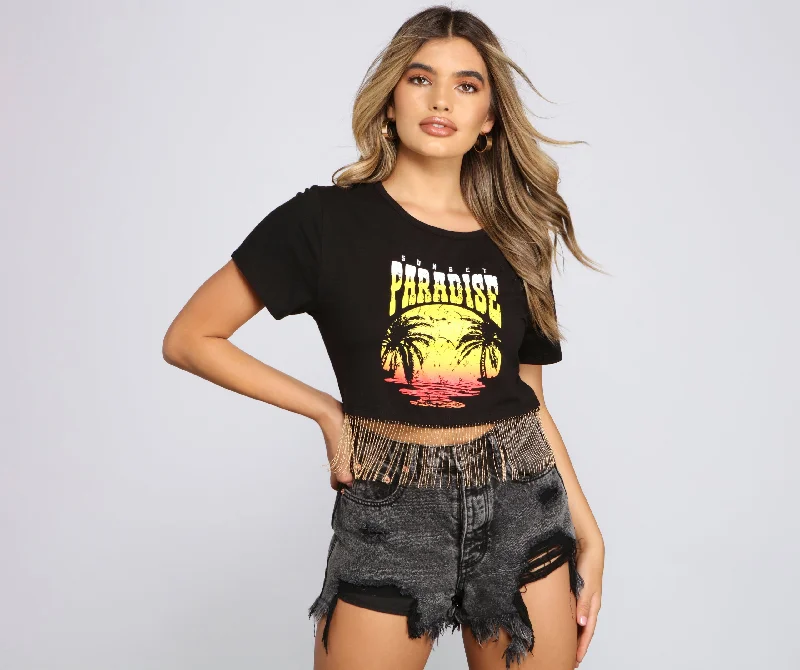 women's T-shirts with slogansSunset Paradise Cropped Graphic Tee