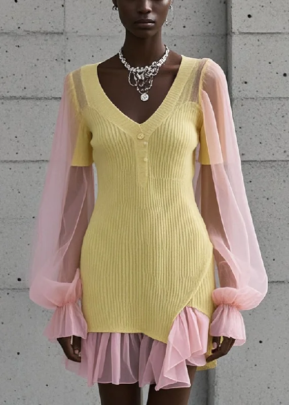 cotton blend Mimi dresses for comfortBoutique Yellow V Neck Patchwork Tulle Knit Mini Dress Fall