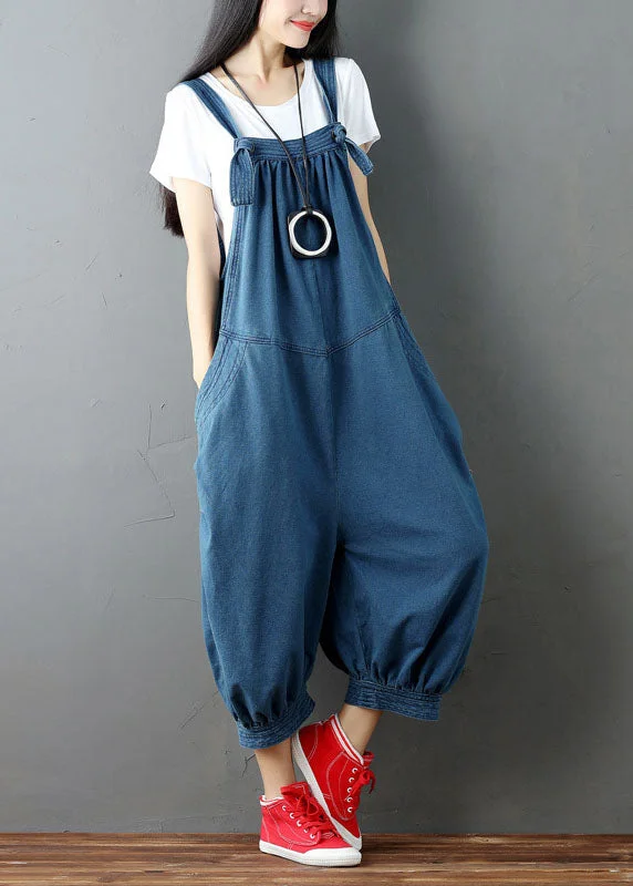 women's jumpsuits for beach outingsBlue Patchwork Denim Jumpsuits Pants Pockets Wrinkled Summer