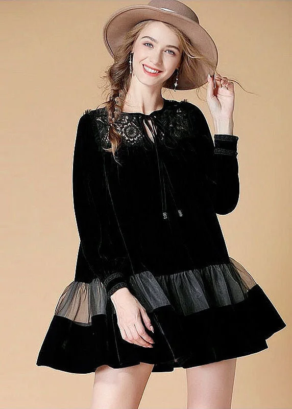 floral Mimi dresses for springWomen Black Embroideried Patchwork Velour Mini Dress Spring