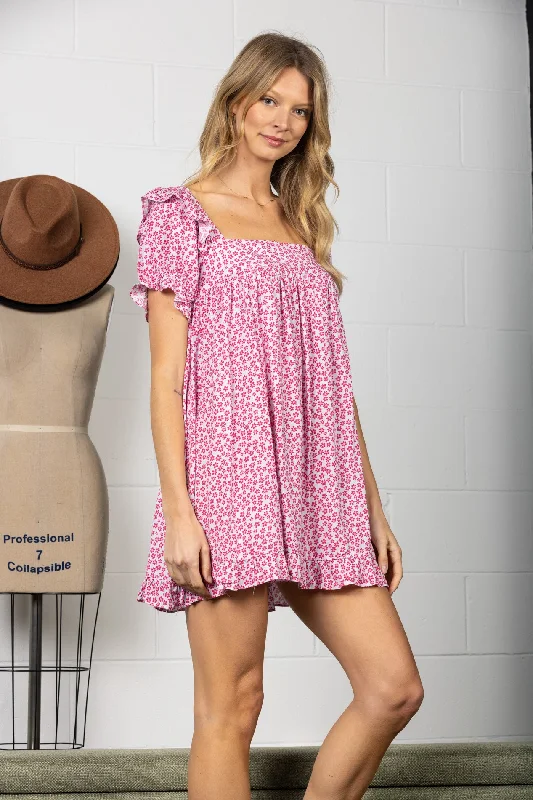 high-low Mimi dresses trendPINK DITSY FLORAL SQUARE NECK RUFFLED HEM MINI DRESS-D8265