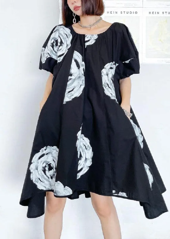 trendy Mimi dresses for InstagramUnique Black Print O neck Cotton Puff Sleeve Mini Dress summer