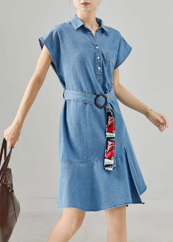 cute mini Mimi dresses for casual looksStyle Blue Tie Waist Denim Mini Dresses Sleeveless