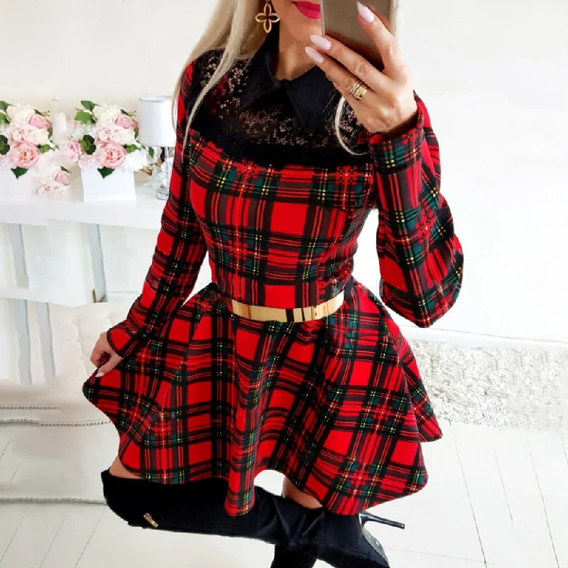 chic and comfortable Mimi dresses for all-day wearPlaid Lace High Waist Charming Slim Long Sleeve Mini Dress