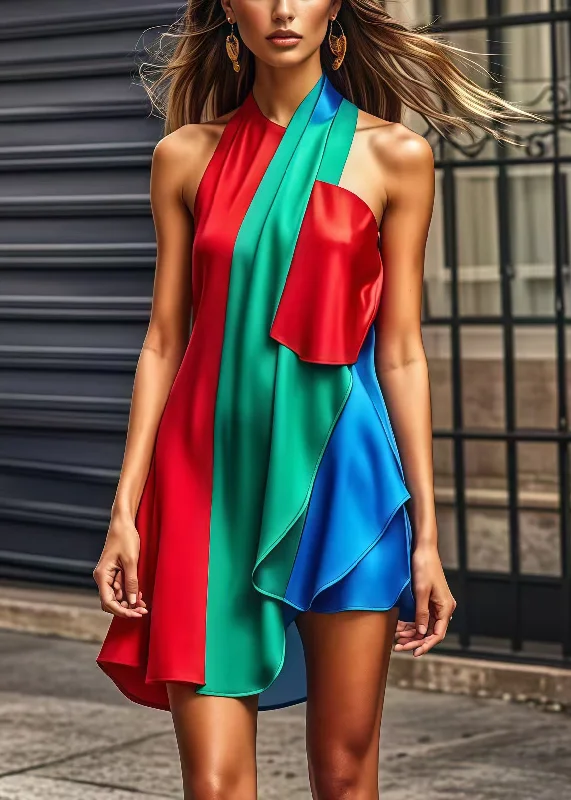 colorful and playful Mimi dresses for a pop of personalityUnique Colorblock Cold Shoulder Patchwork Silk Mini Dresses Summer