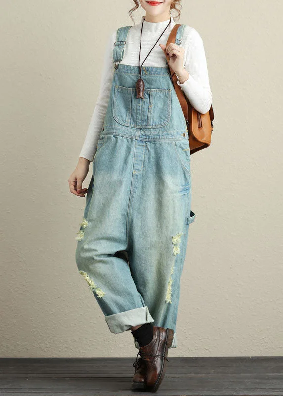 women's jumpsuits for short womenLight Blue Patchwork Ripped Jeans Jumpsuits Spring