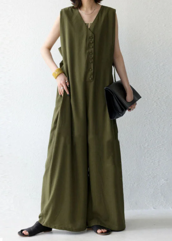 women's jumpsuits for weddingsNatural Green V Neck Patchwork Cotton Wide Leg Jumpsuit Spring