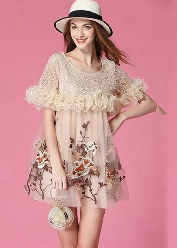 sleek Mimi dresses for business casualArt Beige Embroideried Ruffled Patchwork Organza Mini Dresses Short Sleeve