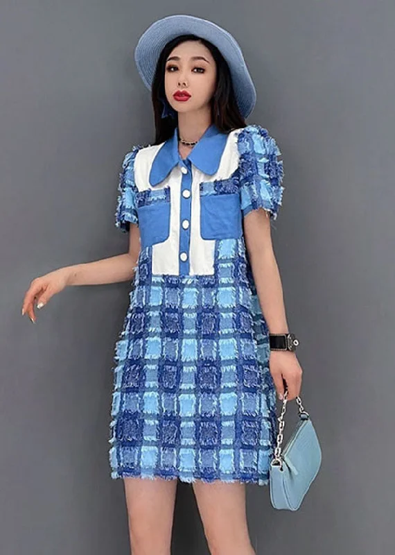 floral Mimi dresses for springBoutique Blue Peter Pan Collar Button Plaid Cotton Mini Dresses Short Sleeve