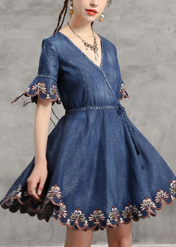 long floral Mimi dresses for summer weddingsHandmade Denim Blue V Neck Embroideried Tie Waist Cotton Mini Dresses Short Sleeve