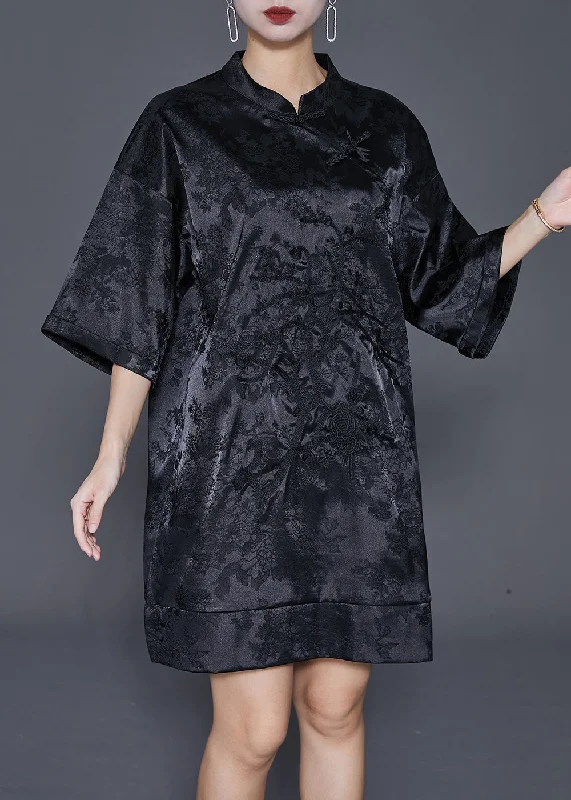 sustainable Mimi dresses made from eco-friendly materialsFine Black Embroideried Chinese Button Silk Mini Dress Half Sleeve