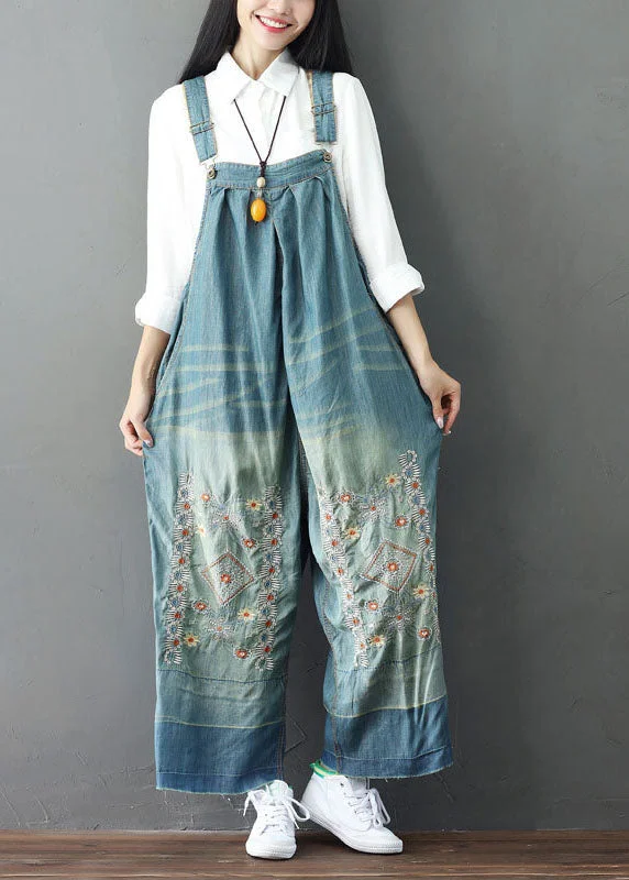 women's jumpsuits for apple-shaped bodiesSimple Light Blue Patchwork Embroideried Denim Wide Leg Jumpsuit Spring