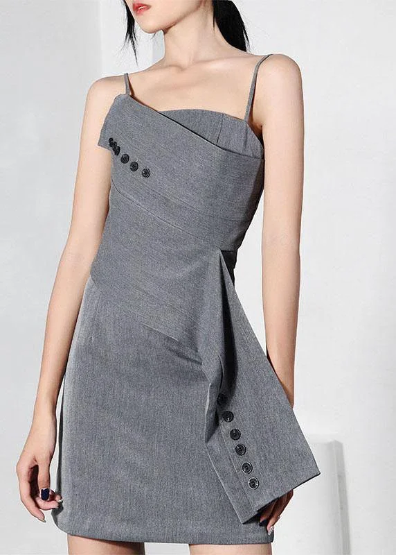 polka dot midi Mimi dresses for playful styleTrendy Grey asymmetrical design Button Spaghetti Strap Mini Dress